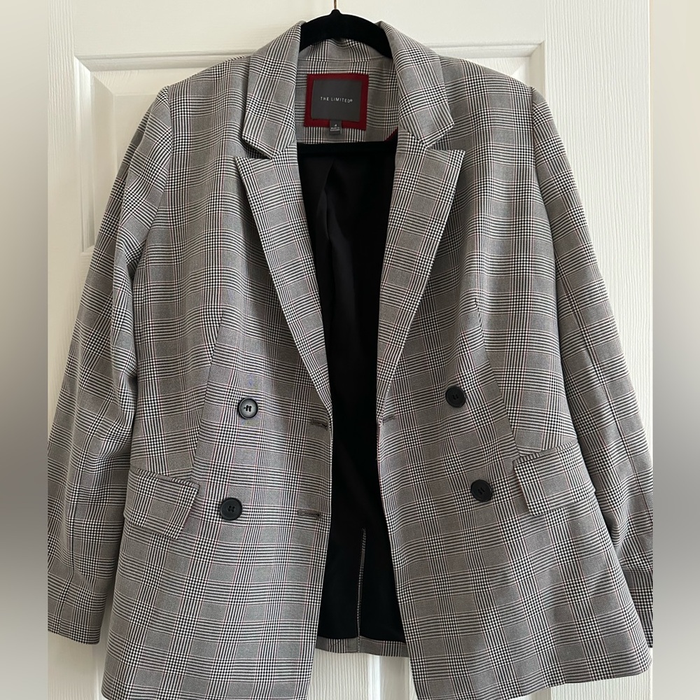 The Limited size 4 double breasted blazer gray red plaid career wear